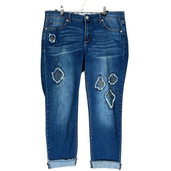 Code Bleu Jeans Sze 10P Blue Gracie Bestie Embelished Patch Cuffed Cropped Denim - Picture 1 of 12